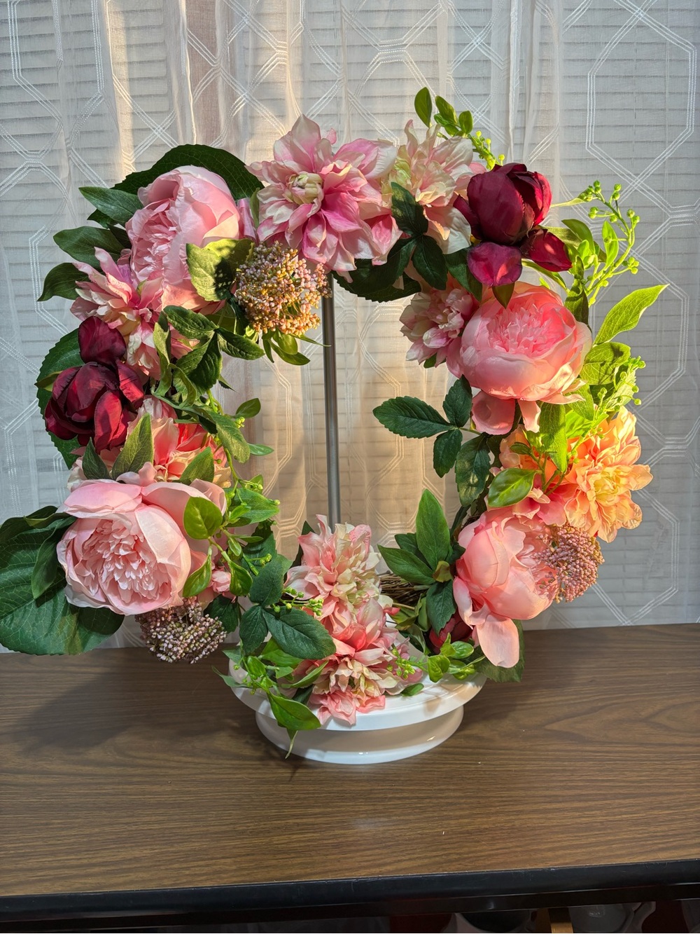 Floral Wreath of Pink Peonies & Dahlias Burgundy blooms & Greenery. 18”